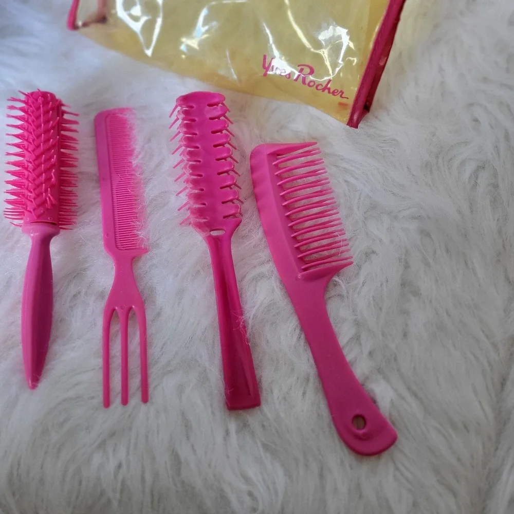 Yves Rochee Vintage 1970s Hair‎ Styling Pick Comb Wet Brush Rake Bath Set Bag